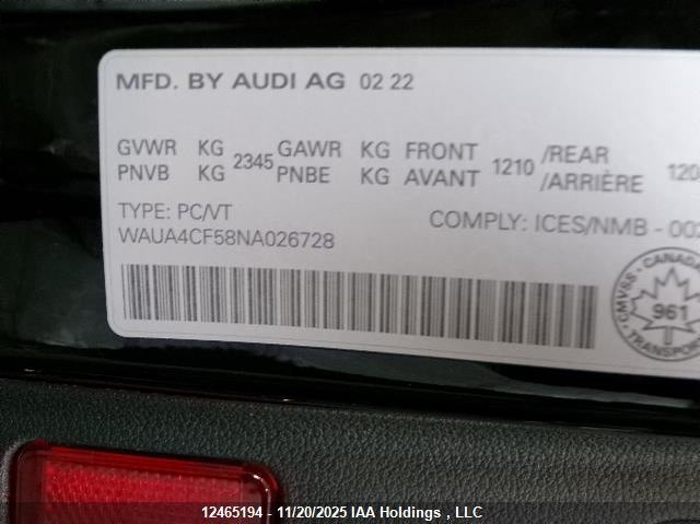 2022 Audi S5 Sportback VIN: WAUA4CF58NA026728 Lot: 12465194