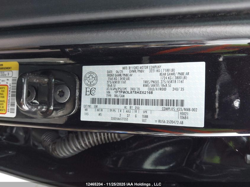 2025 Ford F150 Xlt VIN: 1FTFW3L87SKE62168 Lot: 12465204