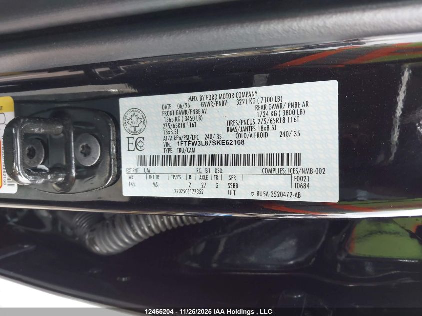 2025 Ford F150 Xlt VIN: 1FTFW3L87SKE62168 Lot: 12465204