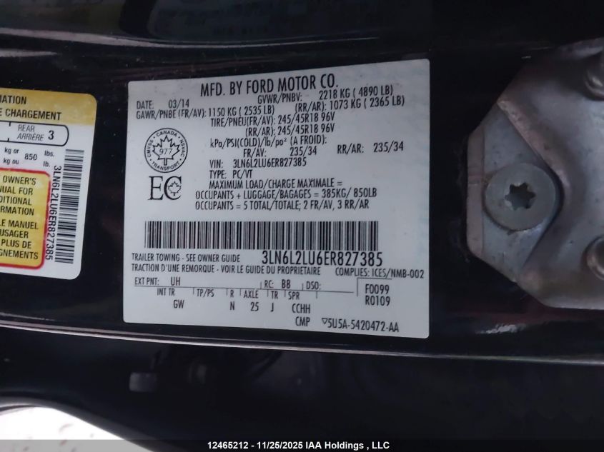 2014 Lincoln Mkz Hybrid VIN: 3LN6L2LU6ER827385 Lot: 12465212