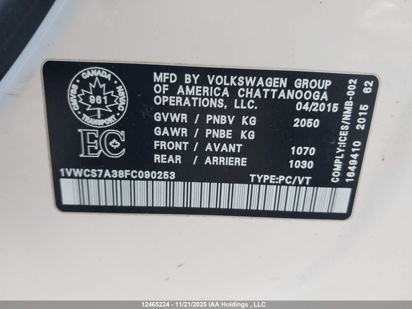 1VWCS7A38FC090253 2015 VOLKSWAGEN PASSAT photo no. 9