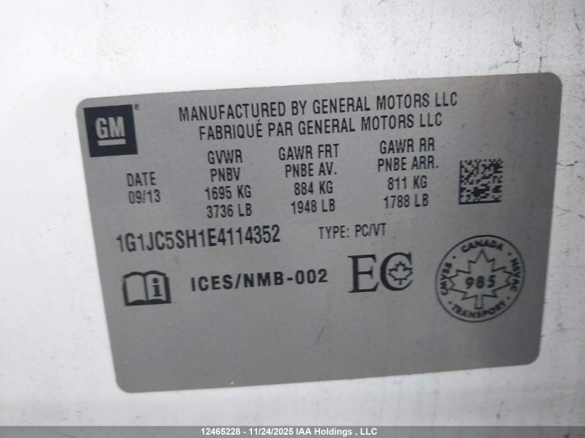 2014 Chevrolet Sonic Lt Auto VIN: 1G1JC5SH1E4114352 Lot: 12465228