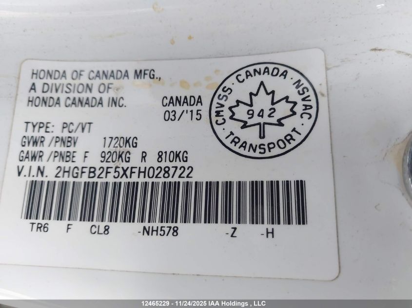 2015 Honda Civic Ex 4Dr VIN: 2HGFB2F5XFH028722 Lot: 12465229