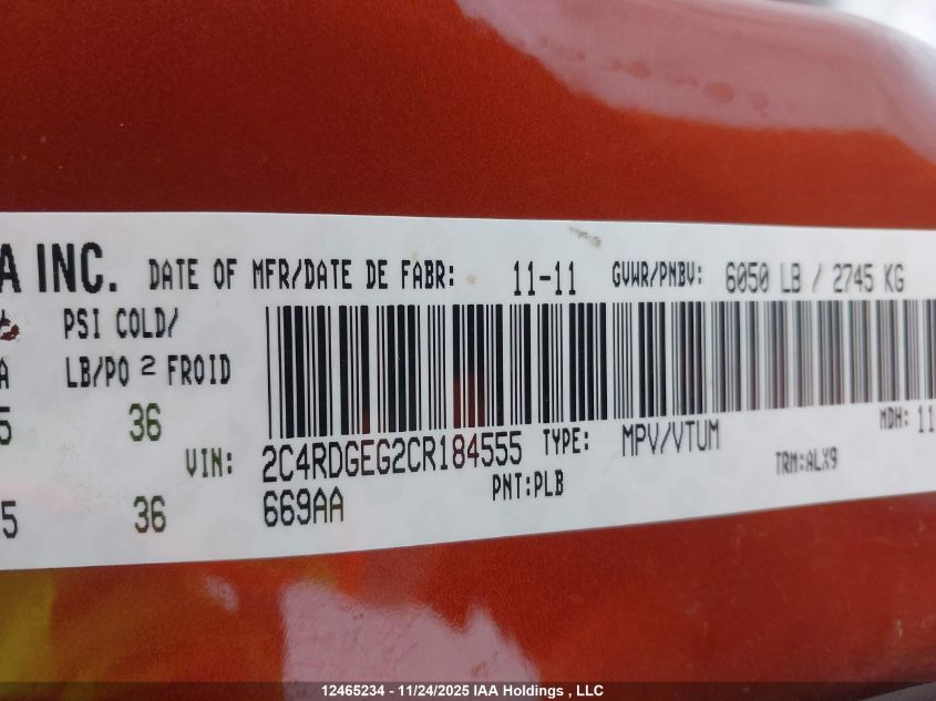 2012 Dodge Grand Caravan R/T VIN: 2C4RDGEG2CR184555 Lot: 12465234