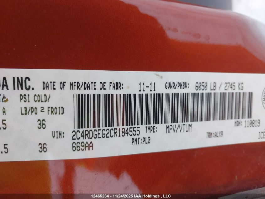 2012 Dodge Grand Caravan R/T VIN: 2C4RDGEG2CR184555 Lot: 12465234