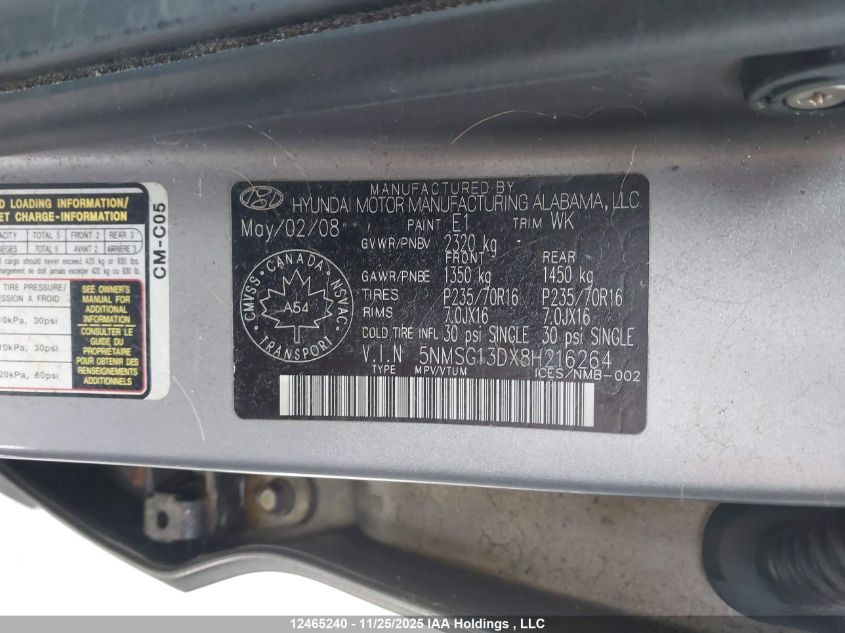 2008 Hyundai Santa Fe Gl/Gls VIN: 5NMSG13DX8H216264 Lot: 12465240