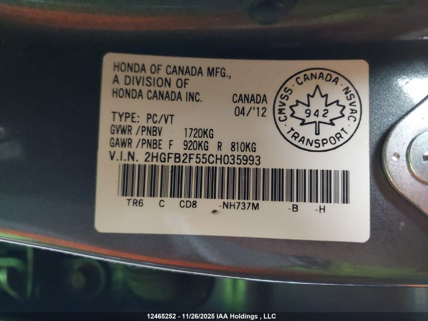 2012 Honda Civic Ex VIN: 2HGFB2F55CH035993 Lot: 12465252