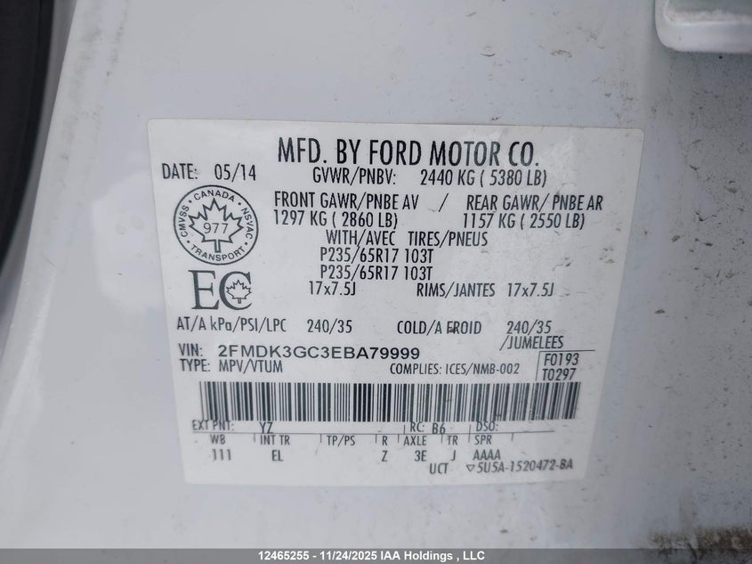 2FMDK3GC3EBA79999 2014 FORD EDGE photo no. 9
