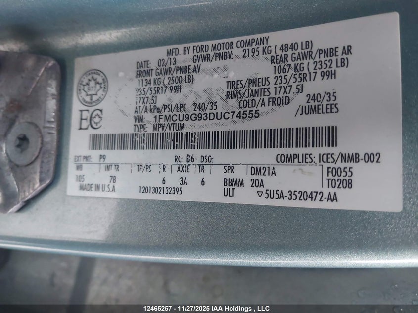 1FMCU9G93DUC74555 2013 FORD ESCAPE photo no. 9