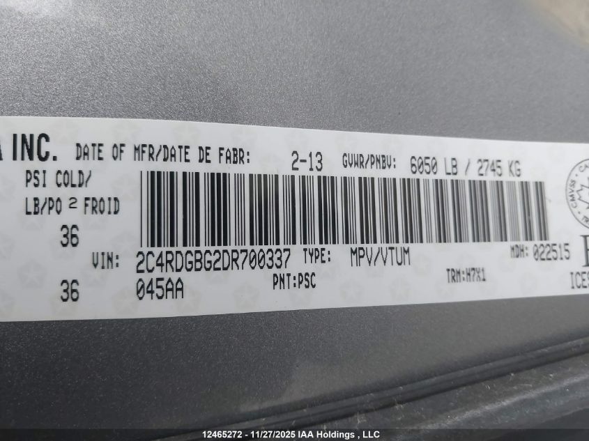 2013 Dodge Grand Caravan Se VIN: 2C4RDGBG2DR700337 Lot: 12465272