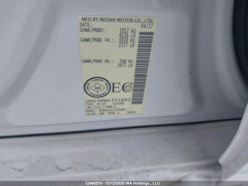 2017 Nissan Altima 2.5/2.5 S/2.5 Sl/2.5 Sr/2.5 Sv VIN: 1N4AL3AP6HN355882 Lot: 12465275