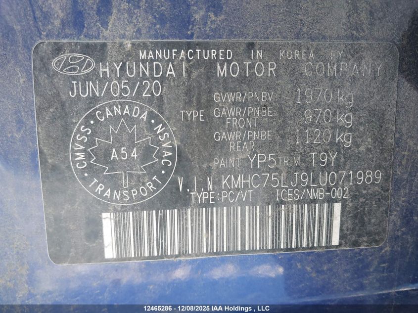 2020 Hyundai Ioniq Electric Preferred VIN: KMHC75LJ9LU071989 Lot: 12465286