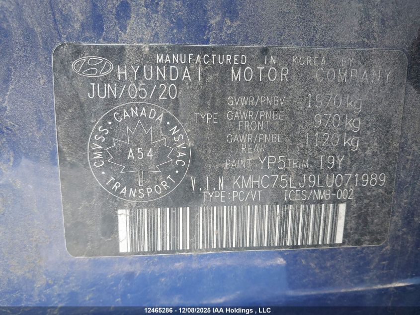 2020 Hyundai Ioniq Electric Preferred VIN: KMHC75LJ9LU071989 Lot: 12465286