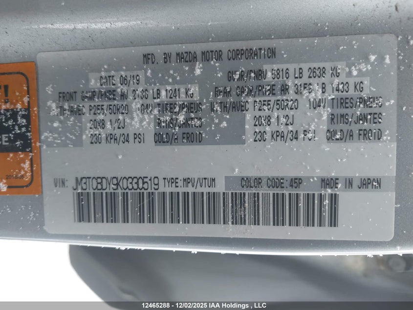 JM3TCBDY9K0330519 2019 MAZDA CX-9 photo no. 9