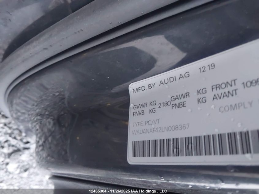 2020 Audi A4 2.0T Komfort VIN: WAUANAF42LN008367 Lot: 12465304