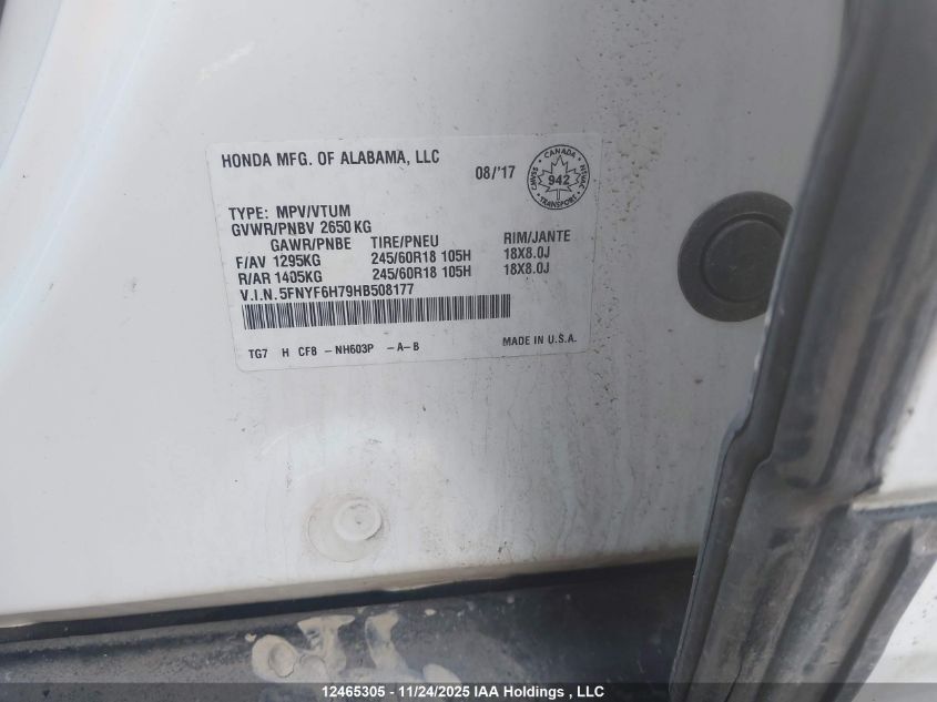2017 Honda Pilot Ex-L Navi VIN: 5FNYF6H79HB508177 Lot: 12465305