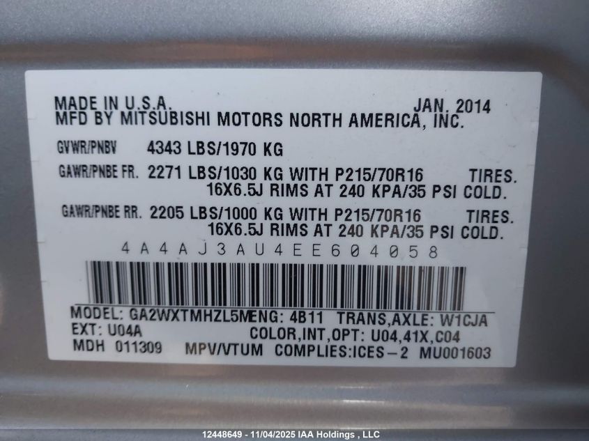 2014 Mitsubishi Rvr Se VIN: 4A4AJ3AU4EE604058 Lot: 12448649X