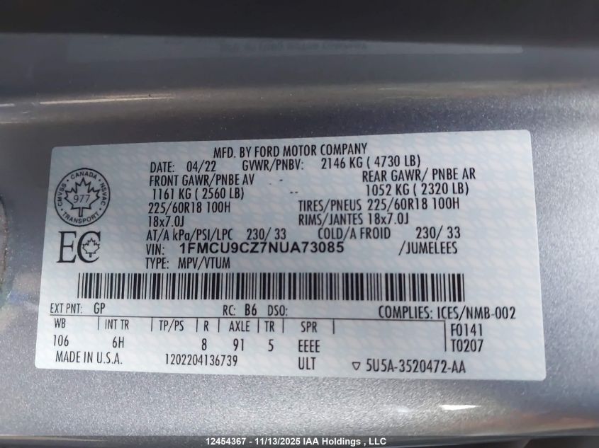 2022 Ford Escape Sel Hybrid VIN: 1FMCU9CZ7NUA73085 Lot: 12454367X