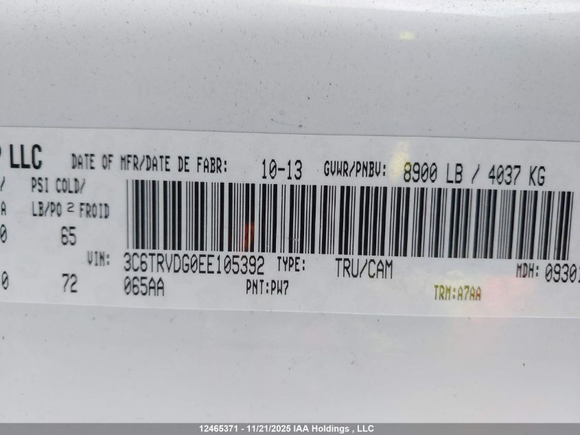 2014 Ram Promaster 2500 High Roof VIN: 3C6TRVDG0EE105392 Lot: 12465371