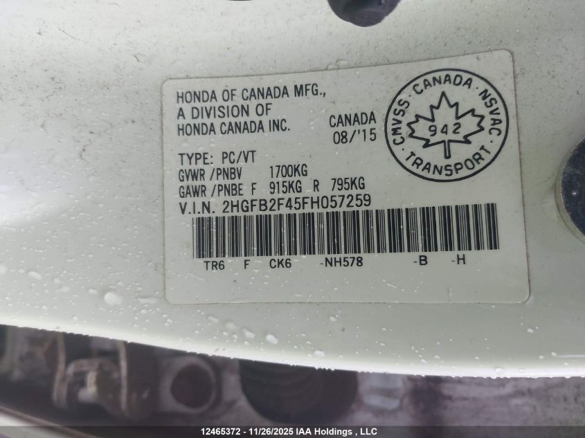 2015 Honda Civic Lx VIN: 2HGFB2F45FH057259 Lot: 12465372