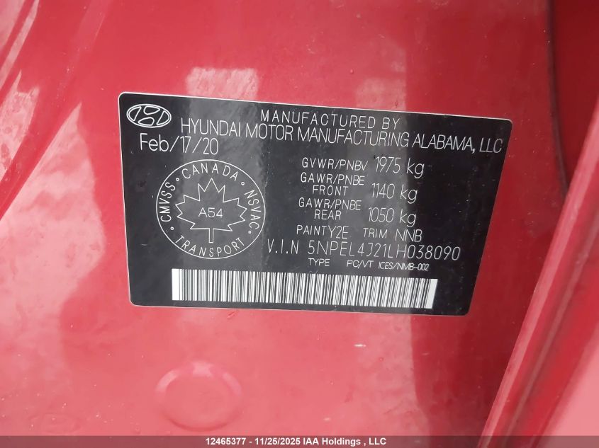 2020 Hyundai Sonata Luxury VIN: 5NPEL4J21LH038090 Lot: 12465377