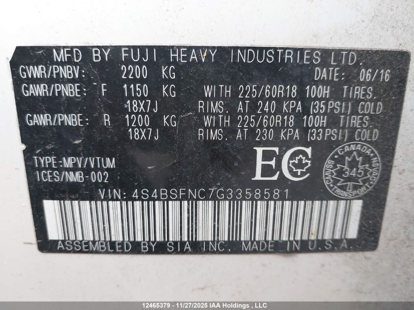 2016 Subaru Outback 3.6R Limited Package VIN: 4S4BSFNC7G3358581 Lot: 12465379