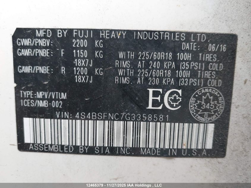 2016 Subaru Outback 3.6R Limited Package VIN: 4S4BSFNC7G3358581 Lot: 12465379