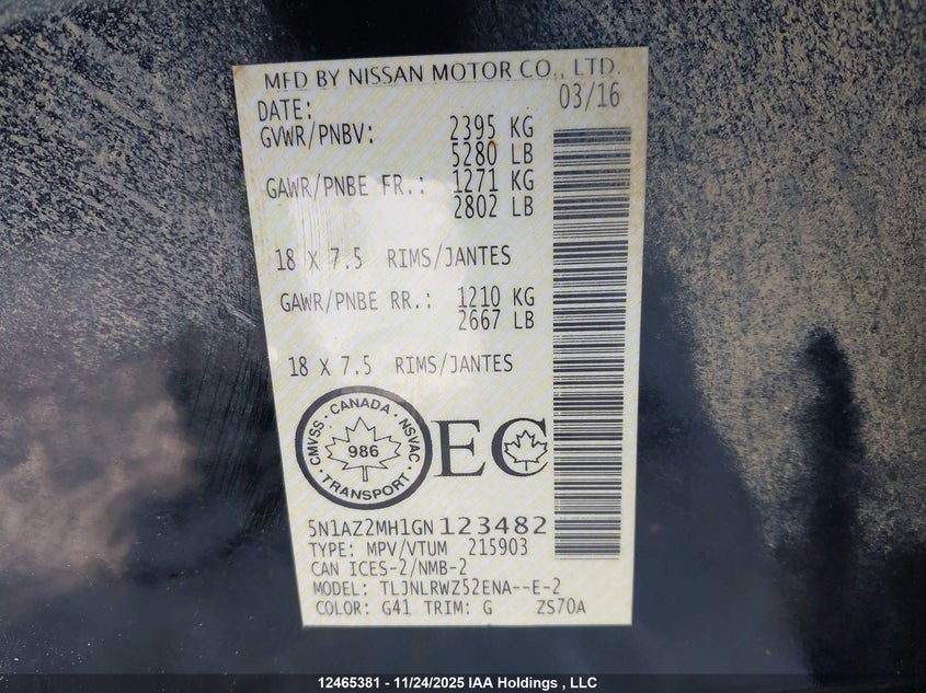 2016 Nissan Murano S/Sl/Sv/Platinum VIN: 5N1AZ2MH1GN123482 Lot: 12465381
