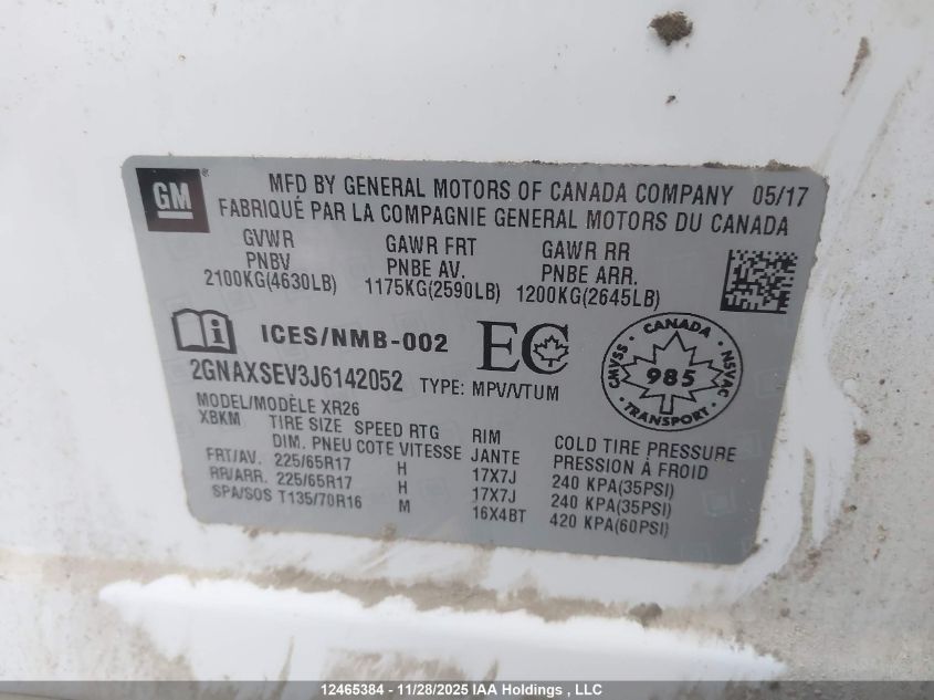 2018 Chevrolet Equinox 1Lt VIN: 2GNAXSEV3J6142052 Lot: 12465384