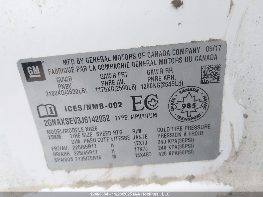 2018 Chevrolet Equinox 1Lt VIN: 2GNAXSEV3J6142052 Lot: 12465384