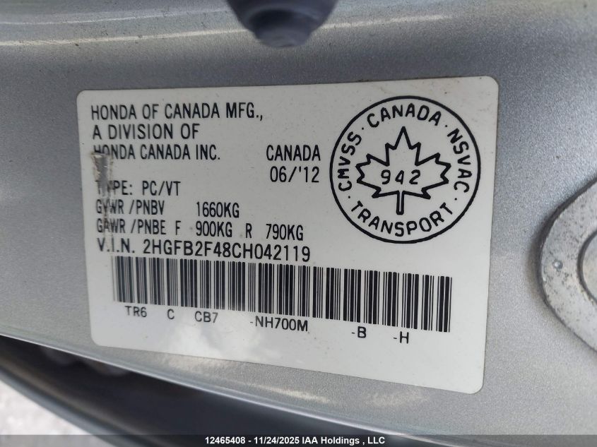 2012 Honda Civic Lx VIN: 2HGFB2F48CH042119 Lot: 12465408