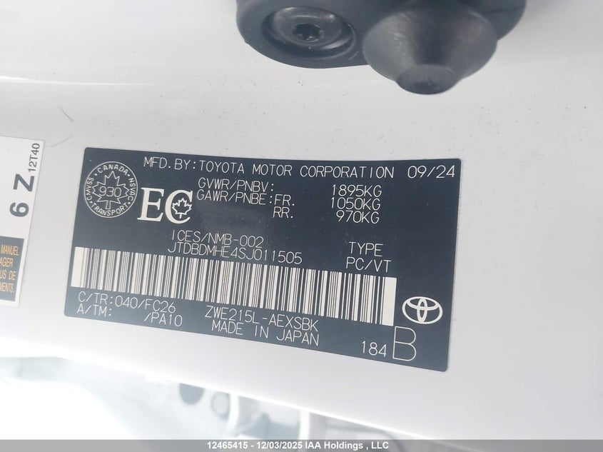 JTDBDMHE4SJ011505 2025 TOYOTA COROLLA photo no. 9
