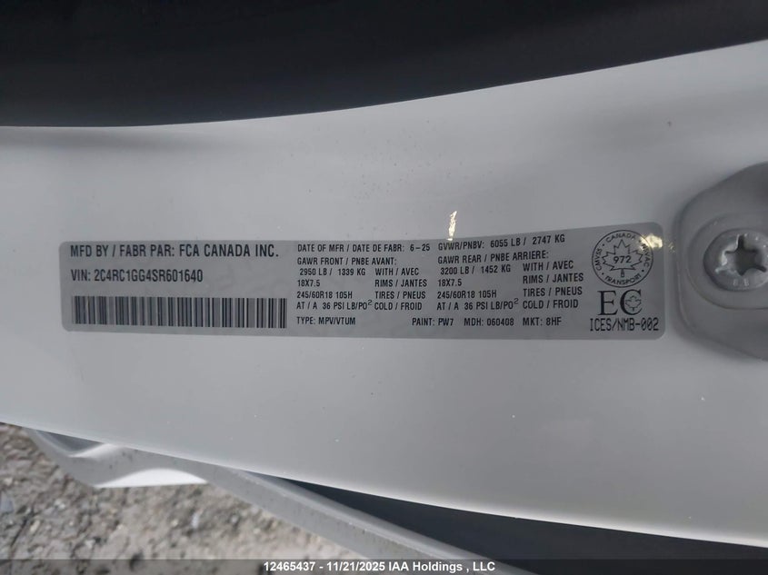 2025 Chrysler Pacifica Limited VIN: 2C4RC1GG4SR601640 Lot: 12465437