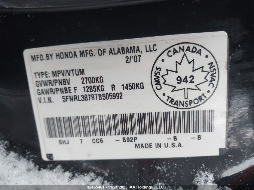 2007 Honda Odyssey Ex-L VIN: 5FNRL38787B505992 Lot: 12465461