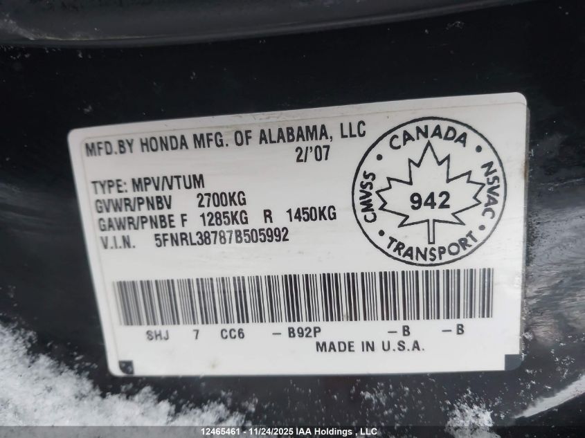 2007 Honda Odyssey Ex-L VIN: 5FNRL38787B505992 Lot: 12465461