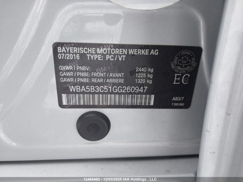 2016 BMW 535I xDrive VIN: WBA5B3C51GG260947 Lot: 12465462