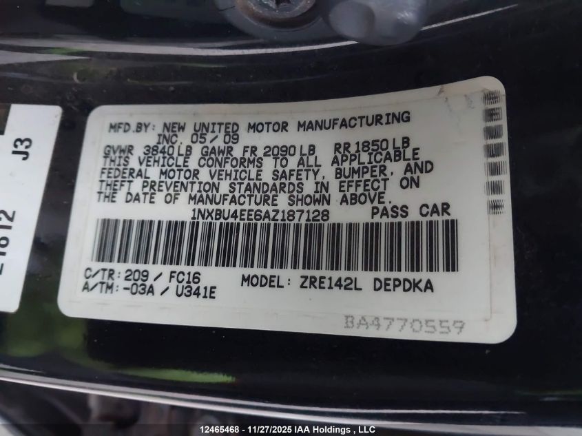 2010 Toyota Corolla Le VIN: 1NXBU4EE6AZ187128 Lot: 12465468