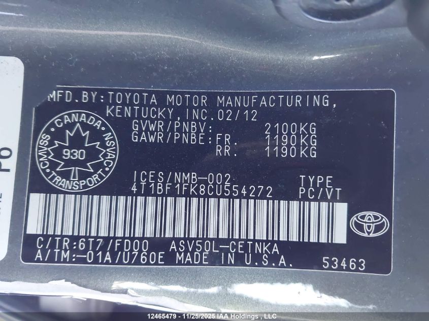 2012 Toyota Camry Se/Le/Xle VIN: 4T1BF1FK8CU554272 Lot: 12465479