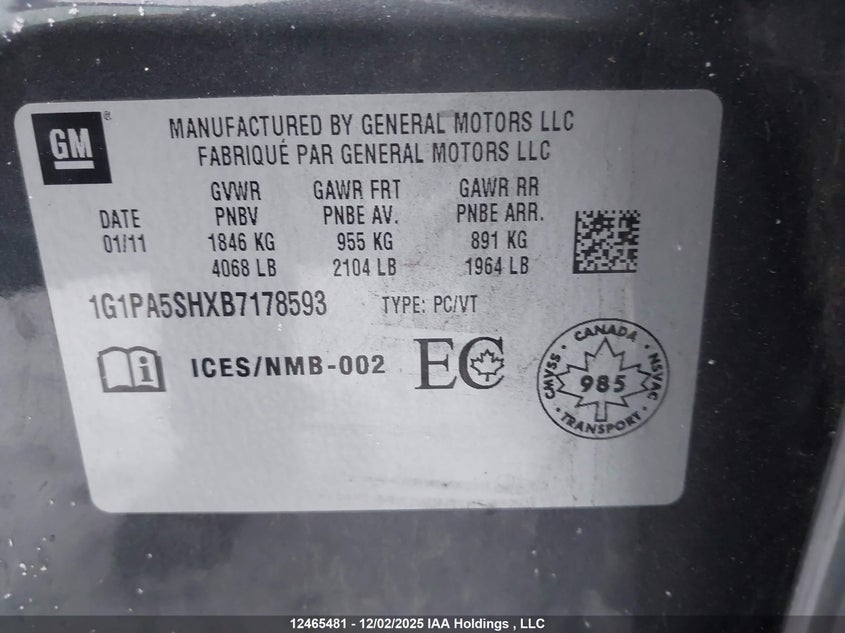 1G1PA5SHXB7178593 2011 CHEVROLET CRUZE photo no. 9