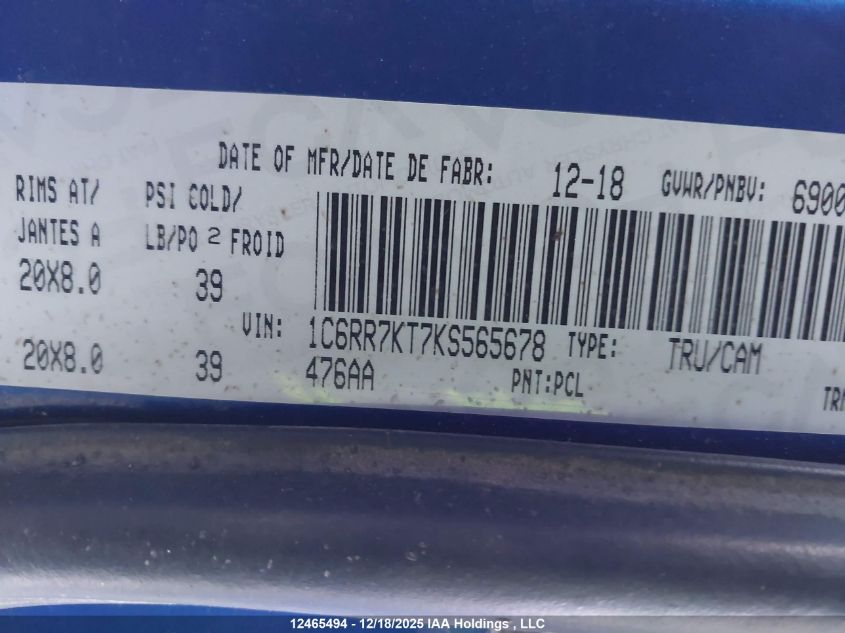 2019 Ram 1500 Classic St VIN: 1C6RR7KT7KS565678 Lot: 12465494