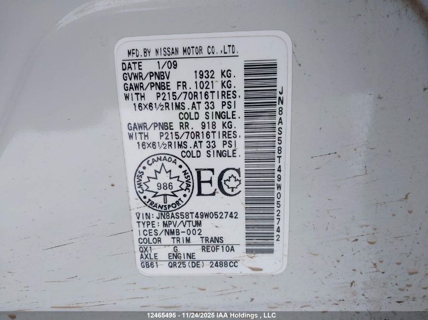 2009 Nissan Rogue S VIN: JN8AS58T49W052742 Lot: 12465495