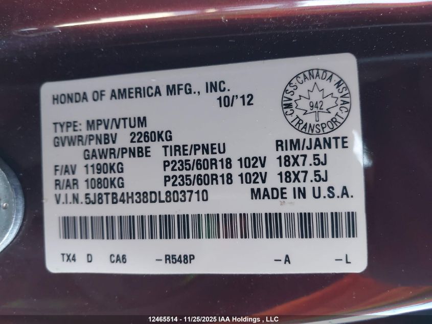 2013 Acura Rdx VIN: 5J8TB4H38DL803710 Lot: 12465514