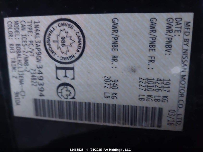 2016 Nissan Altima 2.5/2.5 S/2.5 Sl Tech/2.5 Sr/2.5 Sv VIN: 1N4AL3AP9GN349394 Lot: 12465525