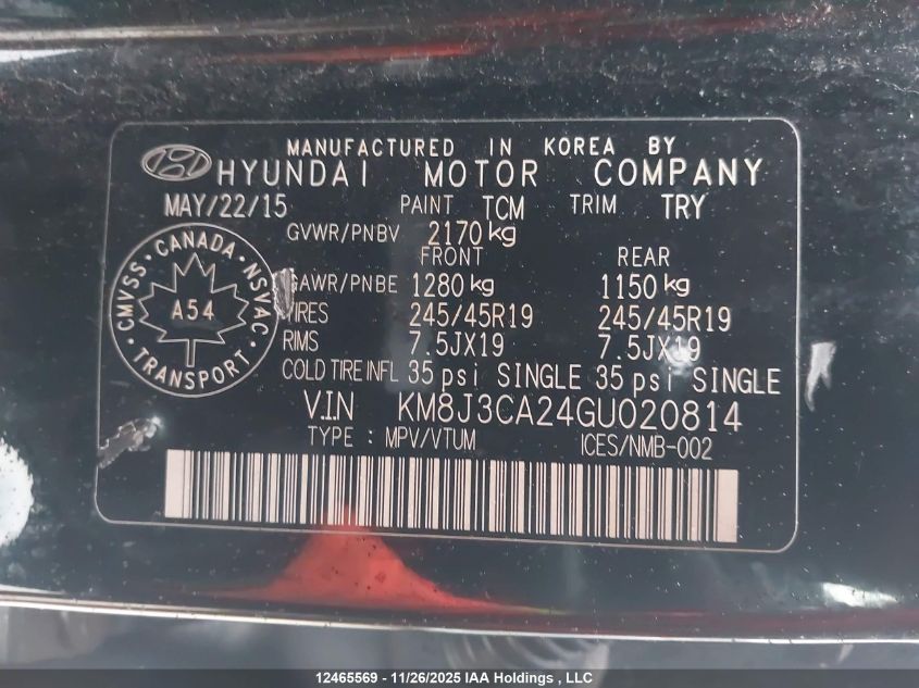 2016 Hyundai Tucson VIN: KM8J3CA24GU020814 Lot: 12465569