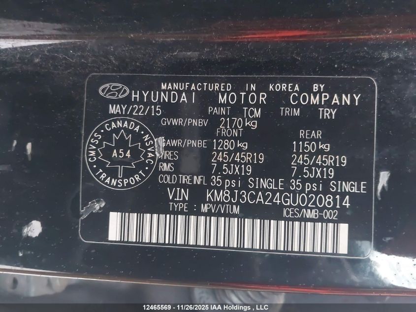 2016 Hyundai Tucson VIN: KM8J3CA24GU020814 Lot: 12465569