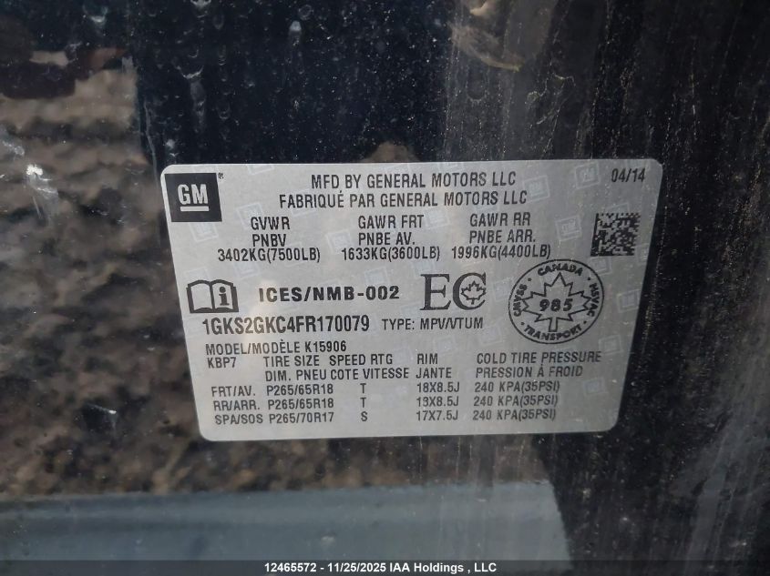 2015 GMC Yukon Xl K1500 Sle VIN: 1GKS2GKC4FR170079 Lot: 12465572