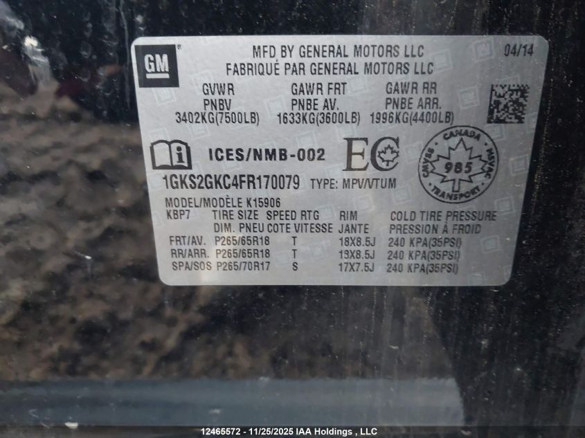 2015 GMC Yukon Xl K1500 Sle VIN: 1GKS2GKC4FR170079 Lot: 12465572