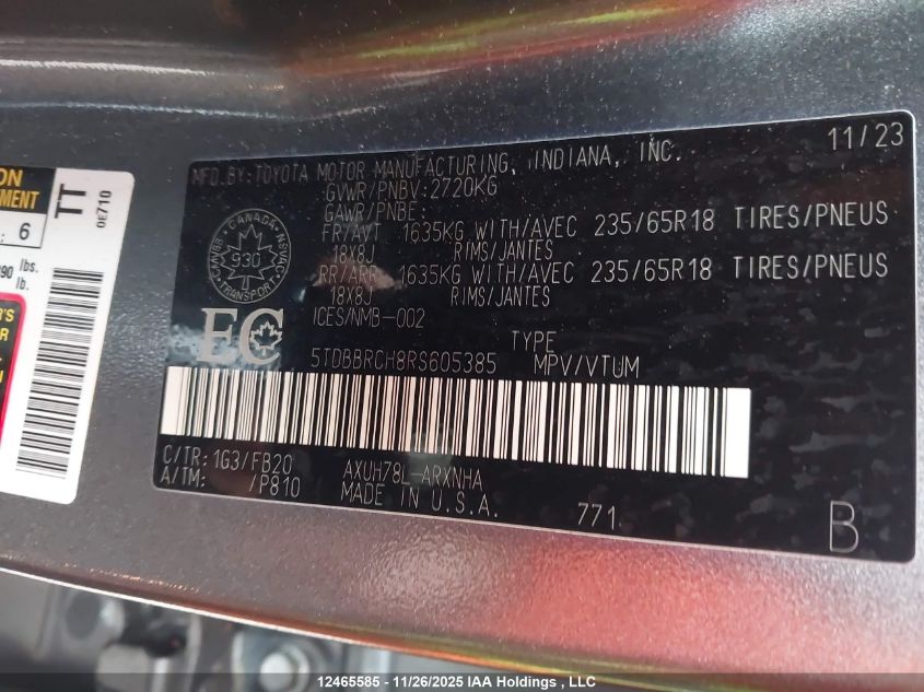 2024 Toyota Highlander Hybrid Le VIN: 5TDBBRCH8RS605385 Lot: 12465585