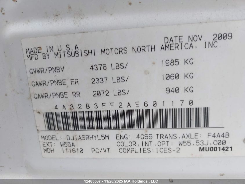 2010 Mitsubishi Galant Es VIN: 4A32B3FF2AE601170 Lot: 12465587