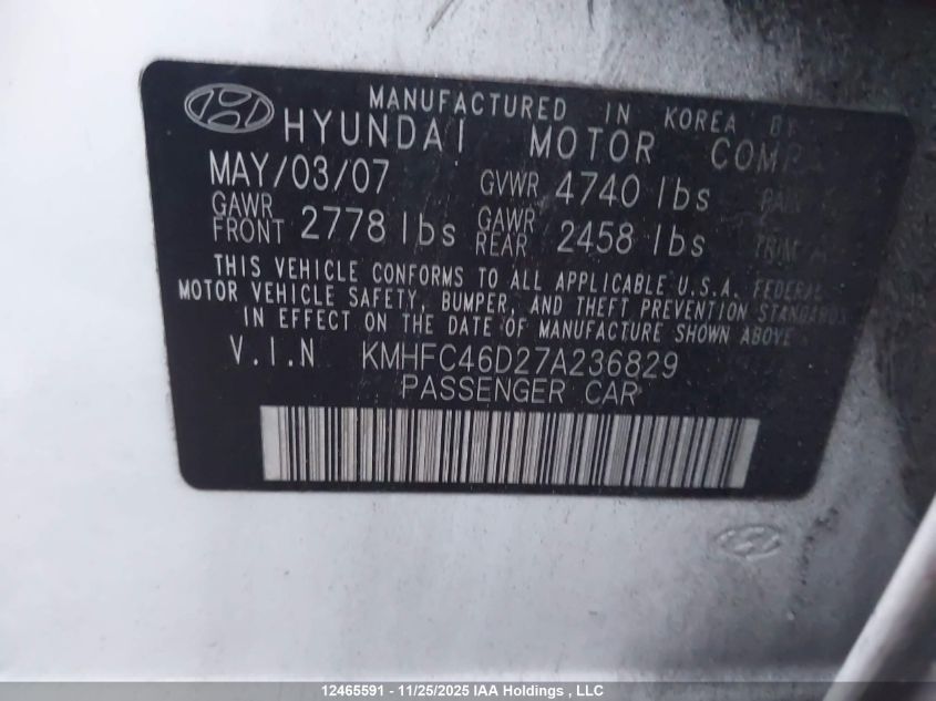 2007 Hyundai Azera VIN: KMHFC46D27A236829 Lot: 12465591